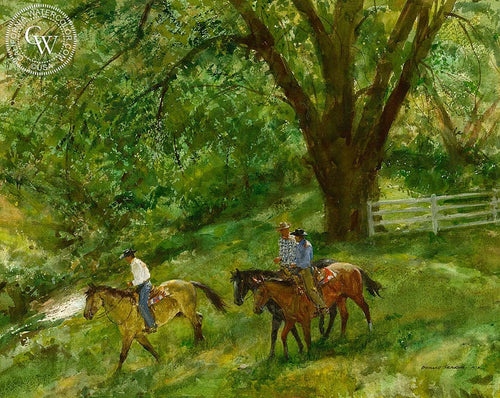 A Spring Morning on the Smith Hereford Ranch, watercolor painting by Donald Teague  (American art). Fine art giclée print reproduction by California Watercolor for wall decor.