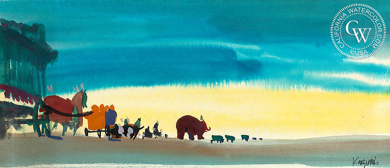 A Circus on the Move, 1963, watercolor painting by Dong Kingman  (American art). Fine art giclée print reproduction by California Watercolor for wall decor.