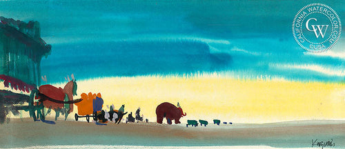 A Circus on the Move, 1963, watercolor painting by Dong Kingman  (American art). Fine art giclée print reproduction by California Watercolor for wall decor.