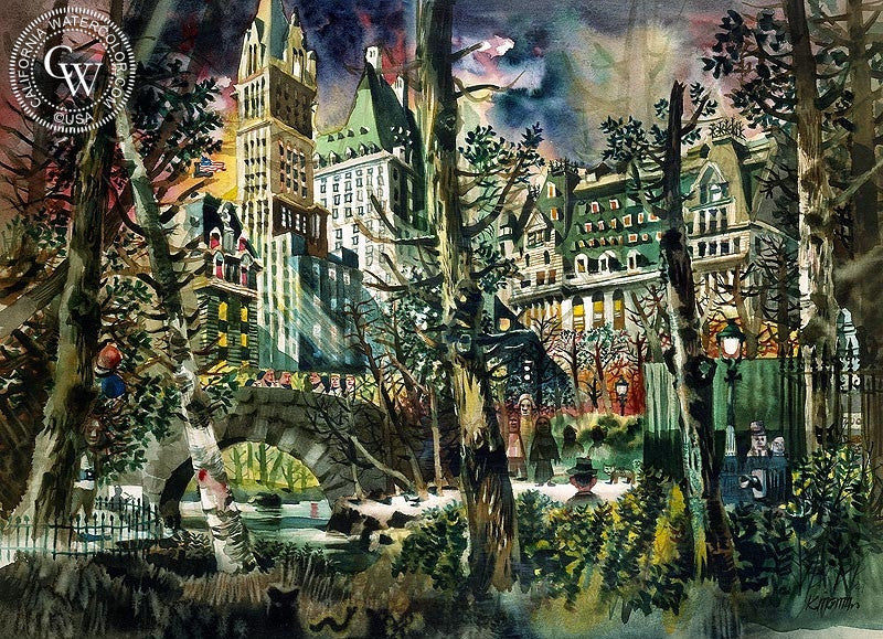 A Day in Central Park, 1949, watercolor painting by Dong Kingman  (American art). Fine art giclée print reproduction by California Watercolor for wall decor.