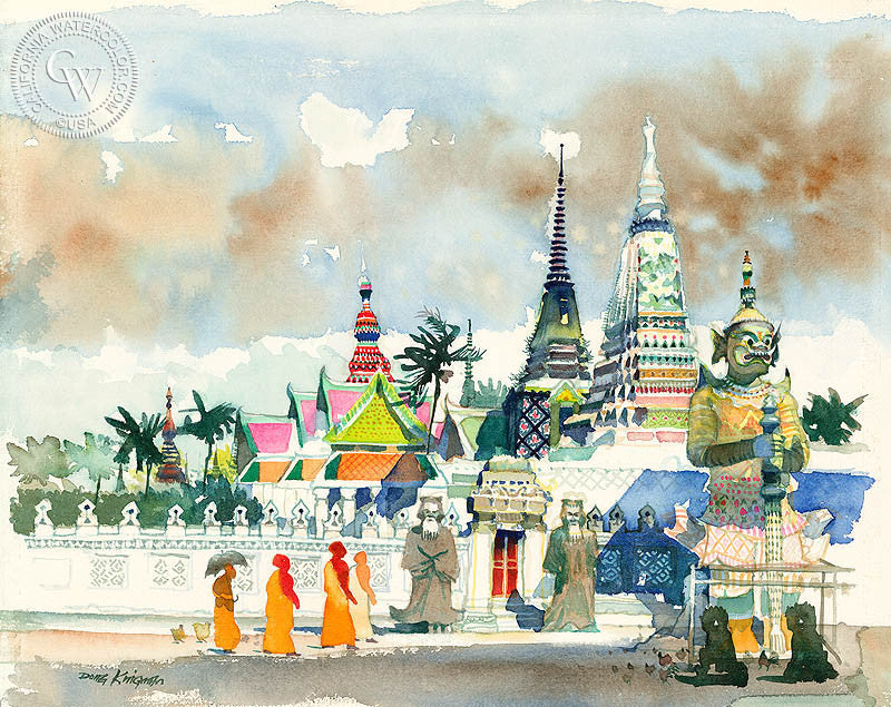 Bangkok, A.M., c. 1970s, watercolor painting by Dong Kingman  (American art). Fine art giclée print reproduction by California Watercolor for wall decor.