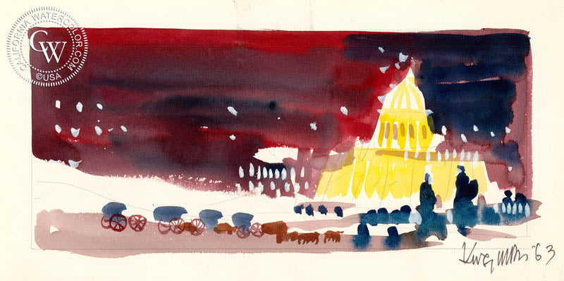 Berlin, 1963, watercolor painting by Dong Kingman  (American art). Fine art giclée print reproduction by California Watercolor for wall decor.