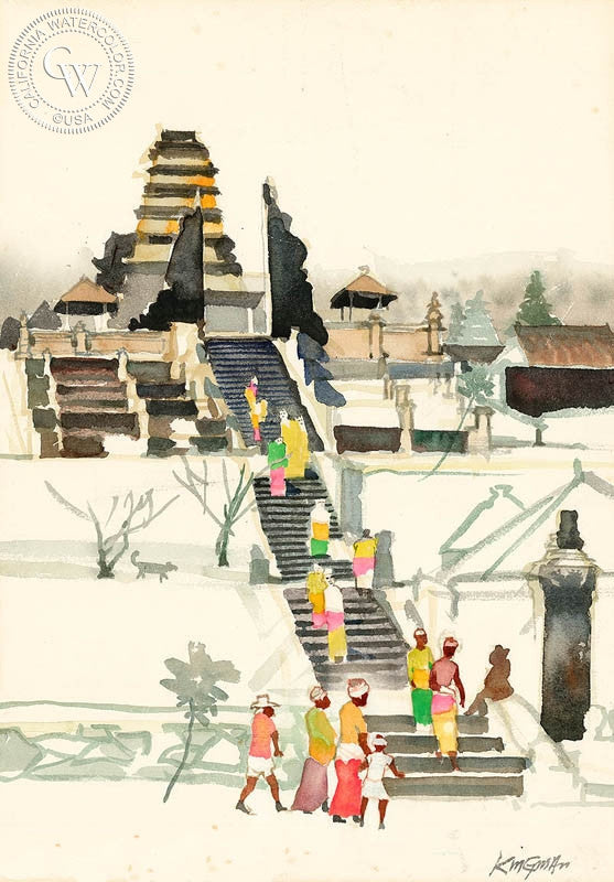 Besakih Temple, Bali, c. 1978, watercolor painting by Dong Kingman  (American art). Fine art giclée print reproduction by California Watercolor for wall decor.