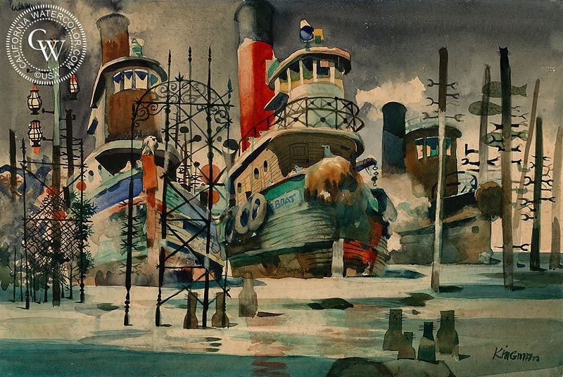 Brooklyn Tug Boats, c. 1946, watercolor painting by Dong Kingman  (American art). Fine art giclée print reproduction by California Watercolor for wall decor.