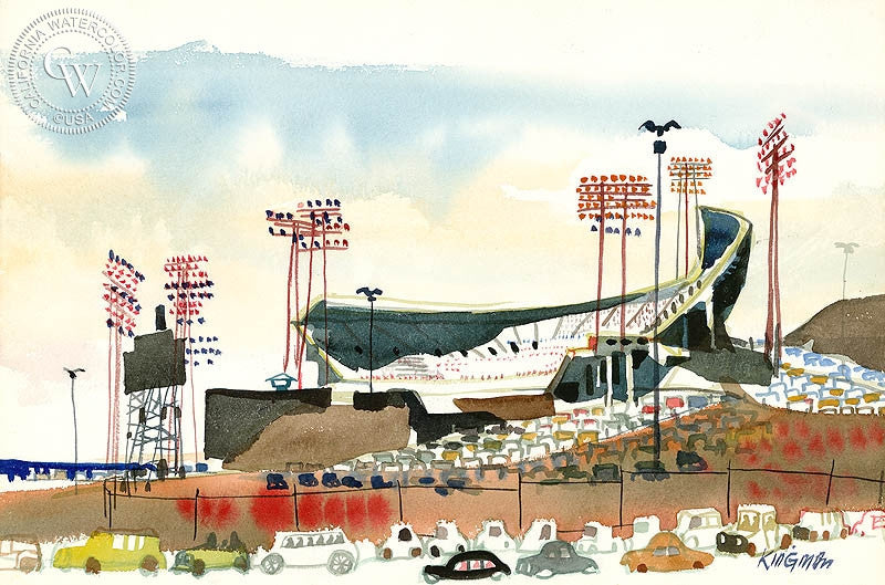 Candlestick Park, c. 1967, watercolor painting by Dong Kingman  (American art). Fine art giclée print reproduction by California Watercolor for wall decor.
