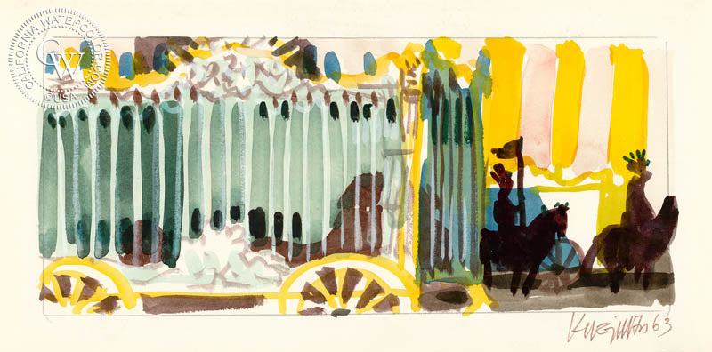 Circus Cage, 1963, watercolor painting by Dong Kingman  (American art). Fine art giclée print reproduction by California Watercolor for wall decor.