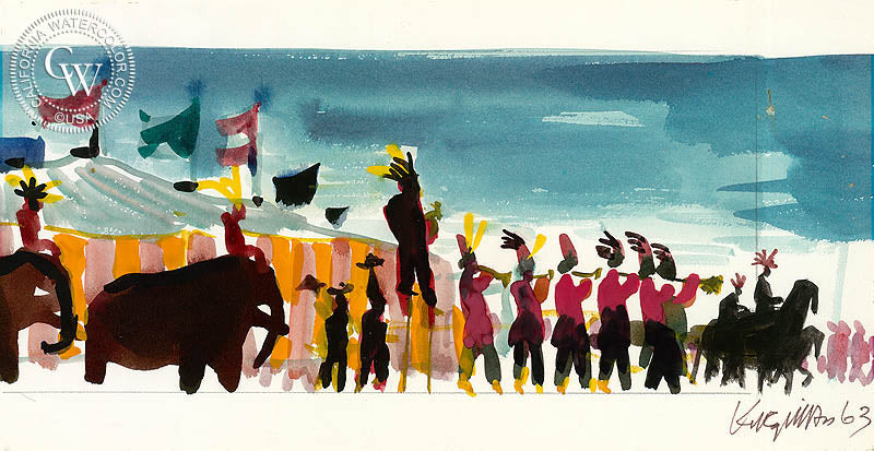 Circus Parade Begins, 1963, watercolor painting by Dong Kingman  (American art). Fine art giclée print reproduction by California Watercolor for wall decor.