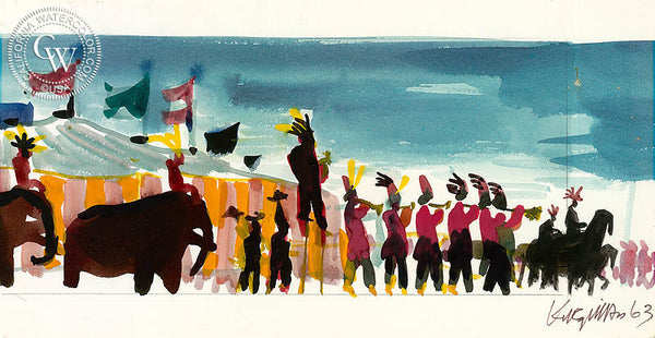Circus Parade Begins, 1963, from the movie Circus World starring John Wayne, California art by Dong Kingman. HD giclee art prints for sale at CaliforniaWatercolor.com - original California paintings, & premium giclee prints for sale