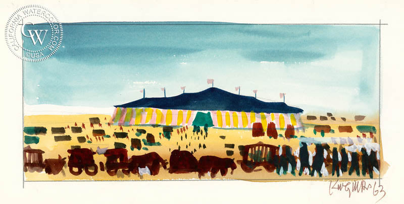 Circus Valley, 1963, watercolor painting by Dong Kingman  (American art). Fine art giclée print reproduction by California Watercolor for wall decor.