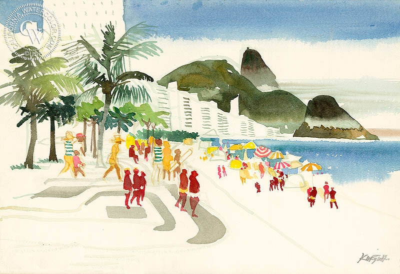 Copacabana Beach, Rio de Janeiro, Brazil, c. 1975, watercolor painting by Dong Kingman  (American art). Fine art giclée print reproduction by California Watercolor for wall decor.