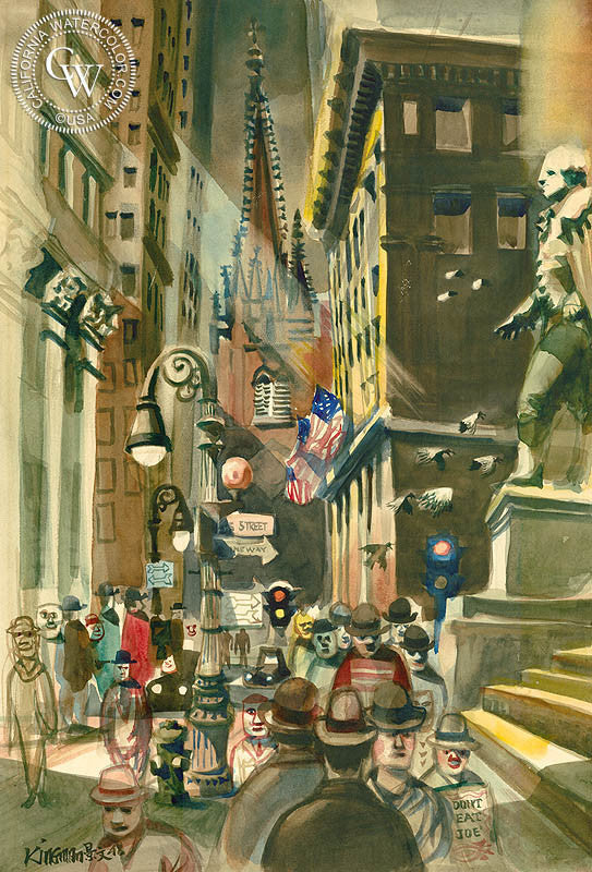 Wall Street, 1948, watercolor painting by Dong Kingman  (American art). Fine art giclée print reproduction by California Watercolor for wall decor.