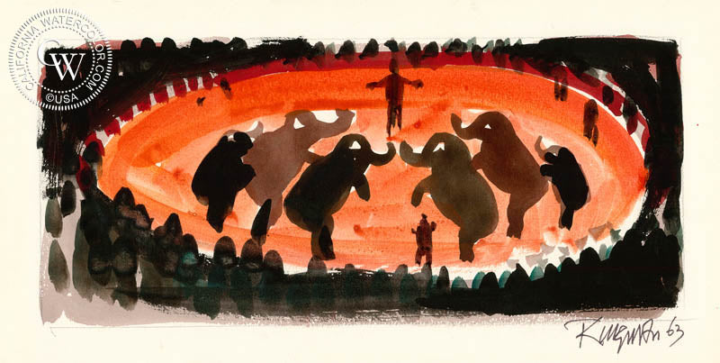 Elephant Dance, 1963, watercolor painting by Dong Kingman  (American art). Fine art giclée print reproduction by California Watercolor for wall decor.