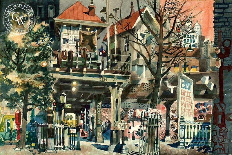 End of the El, 1955, watercolor painting by Dong Kingman  (American art). Fine art giclée print reproduction by California Watercolor for wall decor.