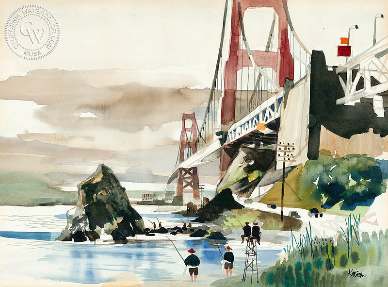 Golden Gate Bridge, watercolor painting by Dong Kingman  (American art). Fine art giclée print reproduction by California Watercolor for wall decor.