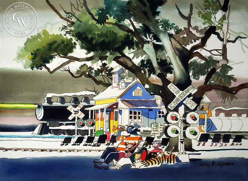Horn Blowers, 1971, watercolor painting by Dong Kingman  (American art). Fine art giclée print reproduction by California Watercolor for wall decor.