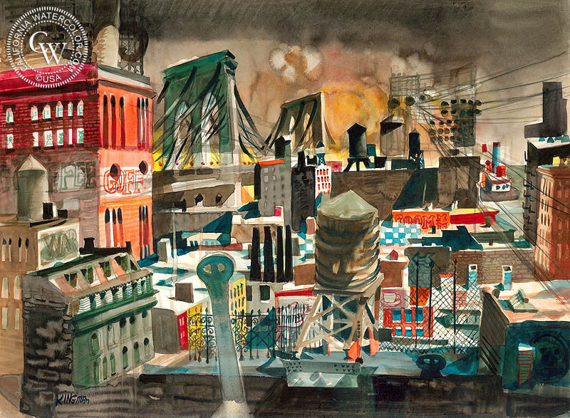 Looking East, Brooklyn Bridge, 1948, watercolor painting by Dong Kingman  (American art). Fine art giclée print reproduction by California Watercolor for wall decor.