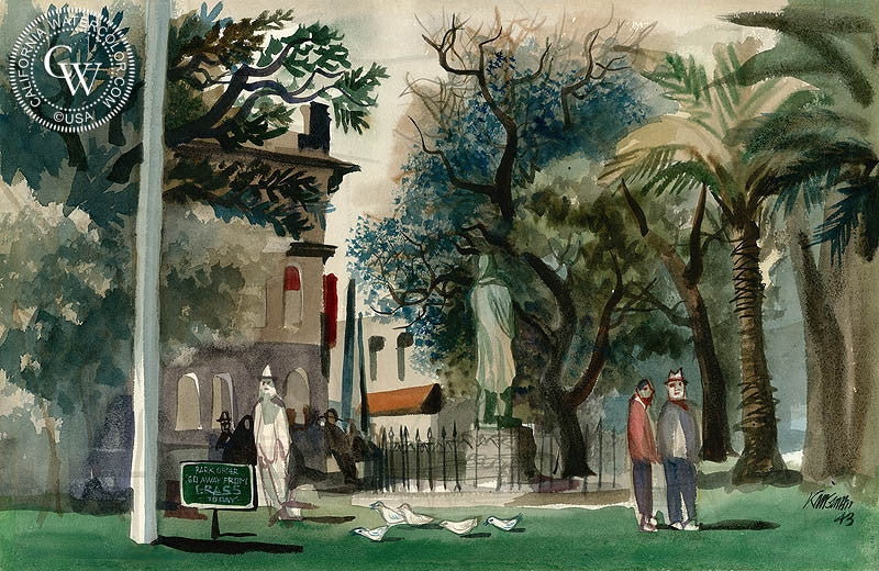 Los Angeles City Park, 1943, watercolor painting by Dong Kingman  (American art). Fine art giclée print reproduction by California Watercolor for wall decor.