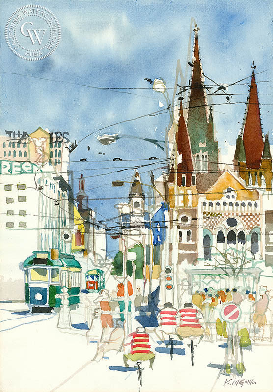 Melbourne, Australia, 1950, watercolor painting by Dong Kingman  (American art). Fine art giclée print reproduction by California Watercolor for wall decor.