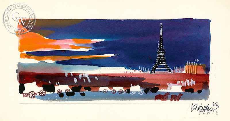 Paris, 1963, watercolor painting by Dong Kingman  (American art). Fine art giclée print reproduction by California Watercolor for wall decor.