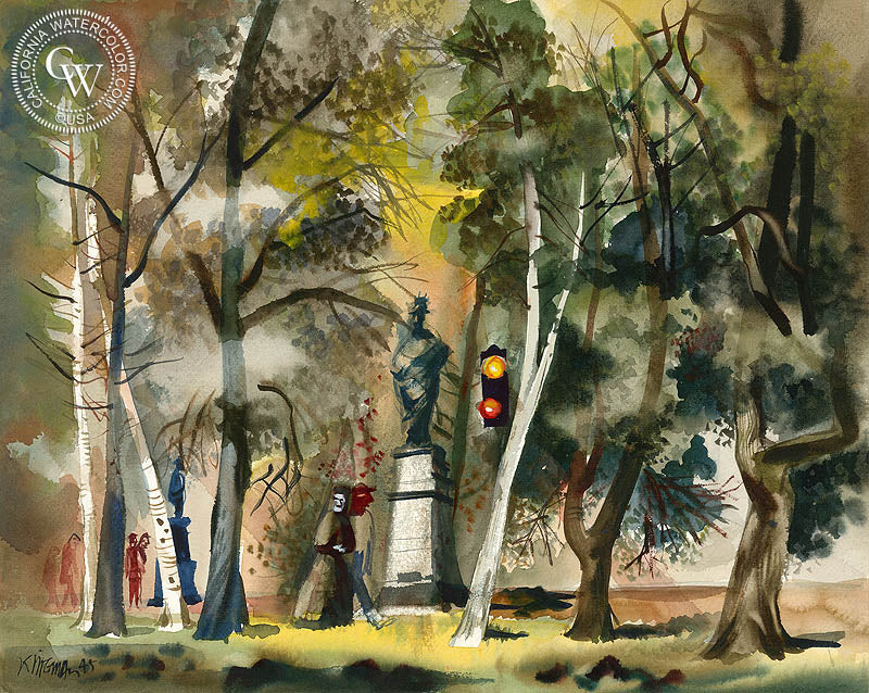 Park Scene, 1945, watercolor painting by Dong Kingman  (American art). Fine art giclée print reproduction by California Watercolor for wall decor.
