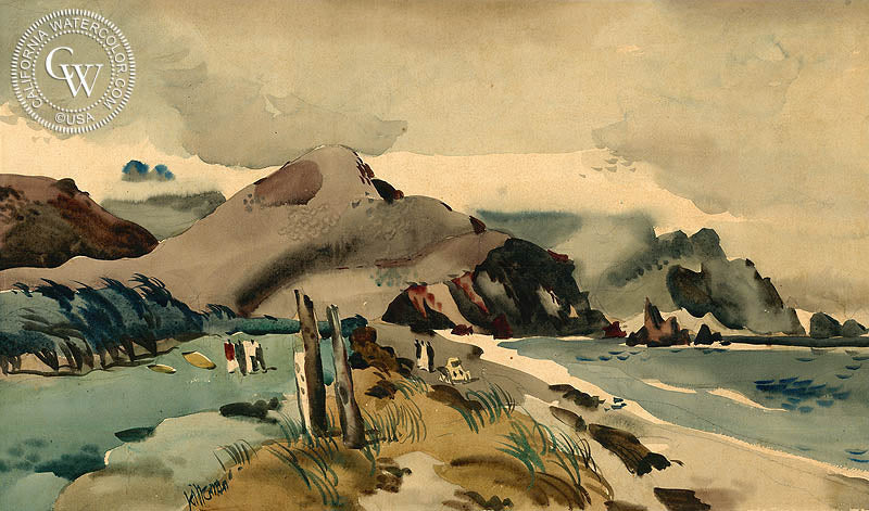 Pebble Beach, c. 1930s, watercolor painting by Dong Kingman  (American art). Fine art giclée print reproduction by California Watercolor for wall decor.