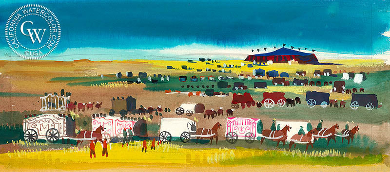 Preparing the Circus, 1963, watercolor painting by Dong Kingman  (American art). Fine art giclée print reproduction by California Watercolor for wall decor.