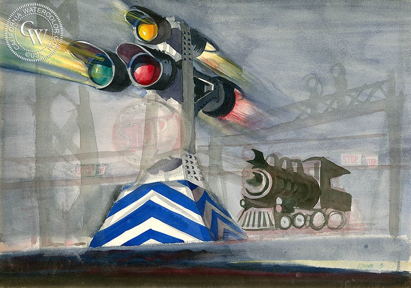 Railroad X-ing, c. 1942, watercolor painting by Dong Kingman  (American art). Fine art giclée print reproduction by California Watercolor for wall decor.