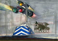 Railroad X-ing, c. 1942, California art by Dong Kingman. HD giclee art prints for sale at CaliforniaWatercolor.com - original California paintings, & premium giclee prints for sale