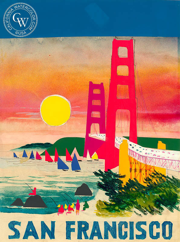 San Francisco, 1972, watercolor painting by Dong Kingman  (American art). Fine art giclée print reproduction by California Watercolor for wall decor.