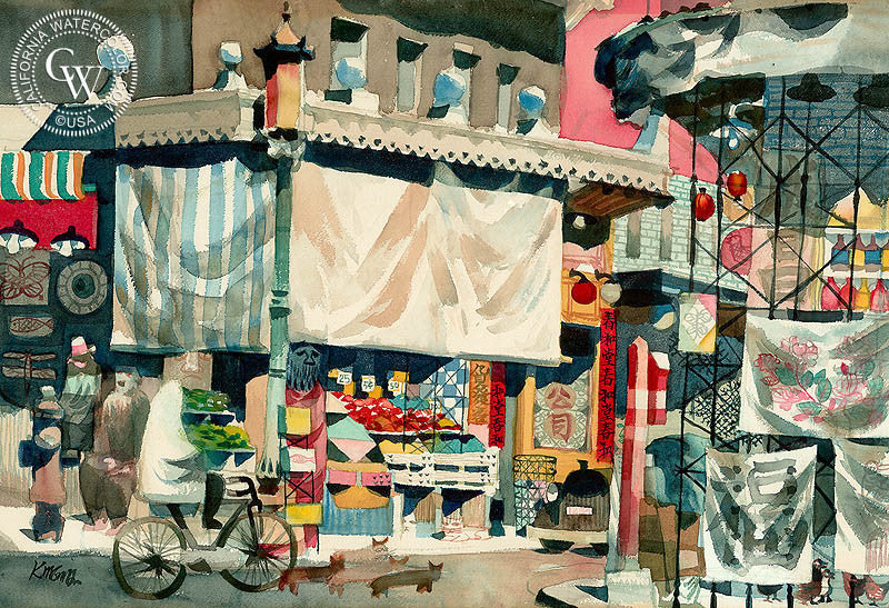 Sing Chung Chinatown, 1951, watercolor painting by Dong Kingman  (American art). Fine art giclée print reproduction by California Watercolor for wall decor.