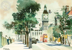 Thames Embankment with Big Ben, London, c. 1965, California art by Dong Kingman. HD giclee art prints for sale at CaliforniaWatercolor.com - original California paintings, & premium giclee prints for sale