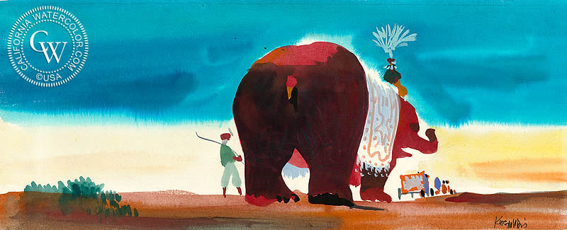 The Circus Caboose, 1963, watercolor painting by Dong Kingman  (American art). Fine art giclée print reproduction by California Watercolor for wall decor.