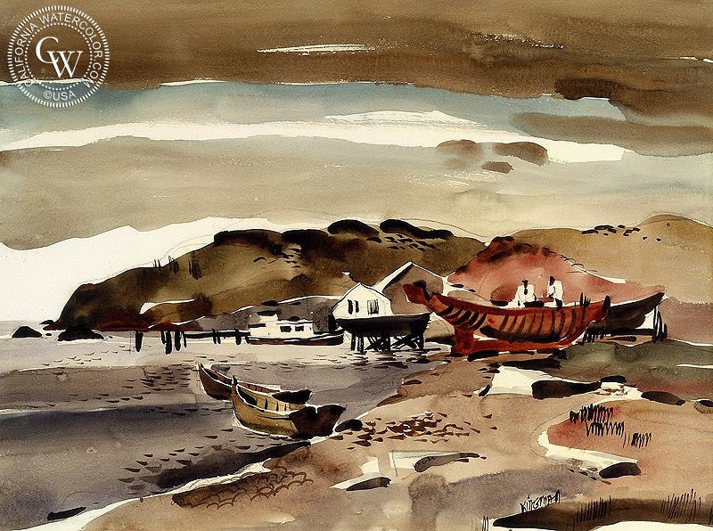 The Red Boat, c. 1939, watercolor painting by Dong Kingman  (American art). Fine art giclée print reproduction by California Watercolor for wall decor.