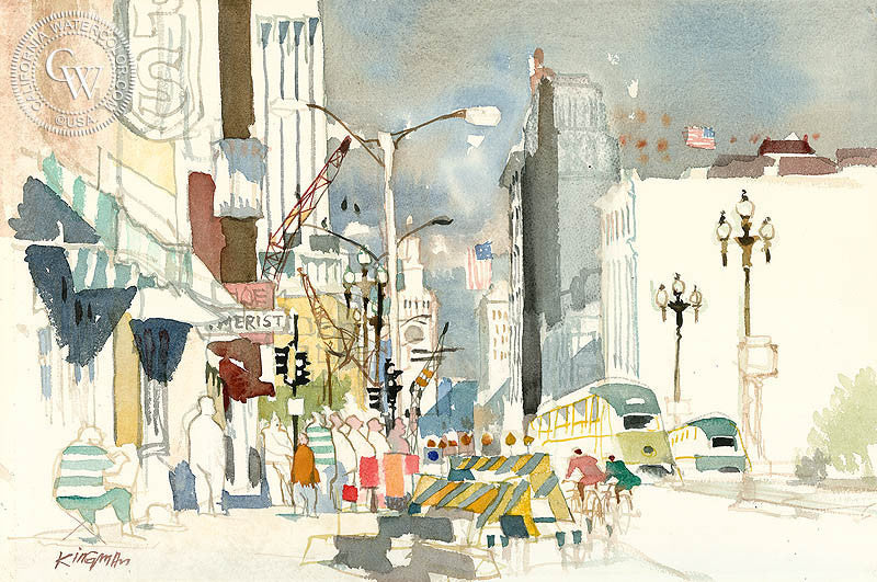 The Ups and Downs of Market Street, S.F., 1972, watercolor painting by Dong Kingman  (American art). Fine art giclée print reproduction by California Watercolor for wall decor.