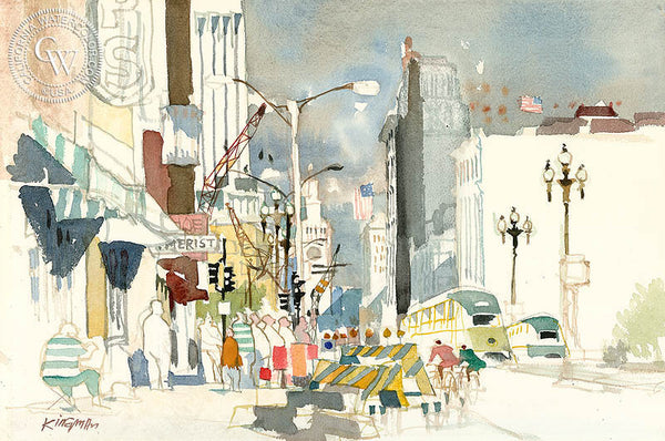 The Ups and Downs of Market Street, S.F., 1972, California art by Dong Kingman. HD giclee art prints for sale at CaliforniaWatercolor.com - original California paintings, & premium giclee prints for sale