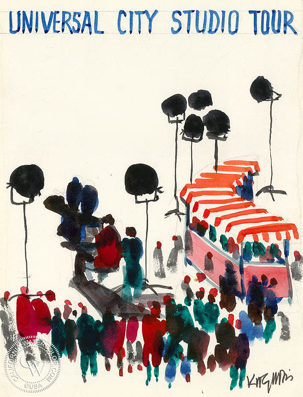 Universal City Studio Tour, watercolor painting by Dong Kingman  (American art). Fine art giclée print reproduction by California Watercolor for wall decor.