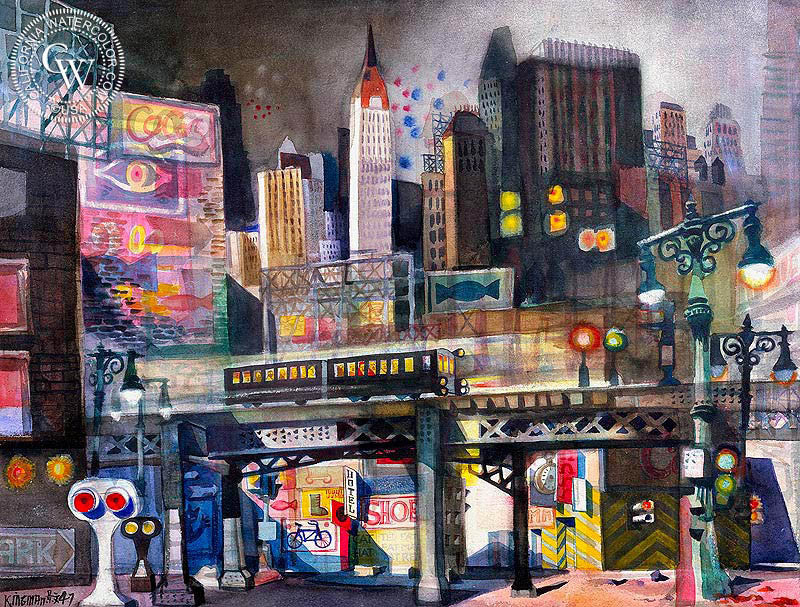 View from Third Avenue, 1947, watercolor painting by Dong Kingman  (American art). Fine art giclée print reproduction by California Watercolor for wall decor.