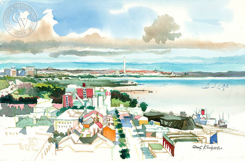 View of Washington, D.C., c. 1970s, watercolor painting by Dong Kingman  (American art). Fine art giclée print reproduction by California Watercolor for wall decor.