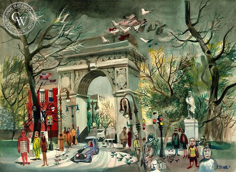 Washington Square, 1946, watercolor painting by Dong Kingman  (American art). Fine art giclée print reproduction by California Watercolor for wall decor.