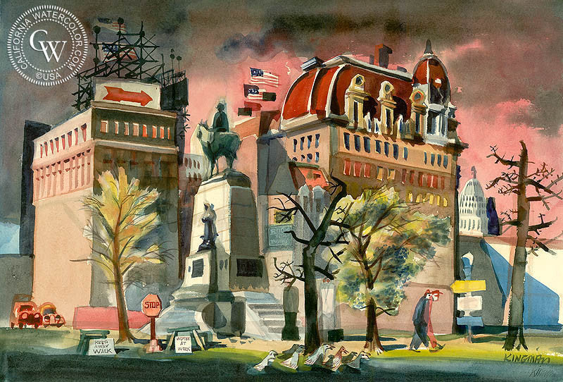 Women at Work, c. 1945, watercolor painting by Dong Kingman  (American art). Fine art giclée print reproduction by California Watercolor for wall decor.