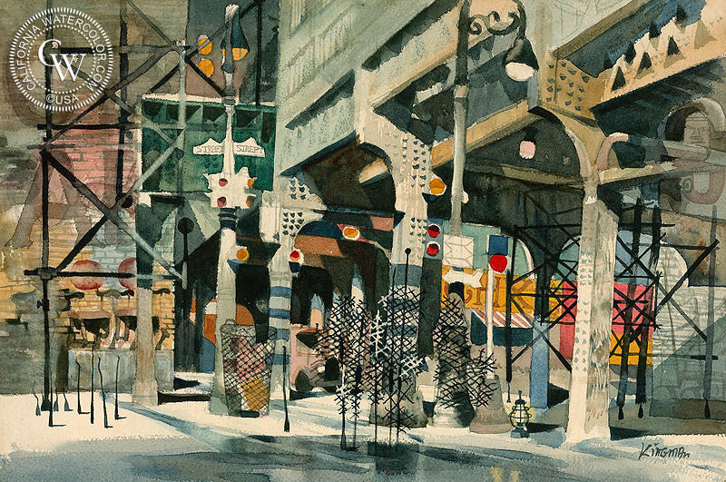 El Over Bowery, c. 1950, watercolor painting by Dong Kingman  (American art). Fine art giclée print reproduction by California Watercolor for wall decor.
