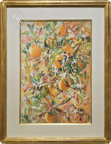 Donna Schuster, Oranges and Blossoms, a mixed media painting, California art, California painting, early American art, floral art, botanical art, CaliforniaWatercolor.com