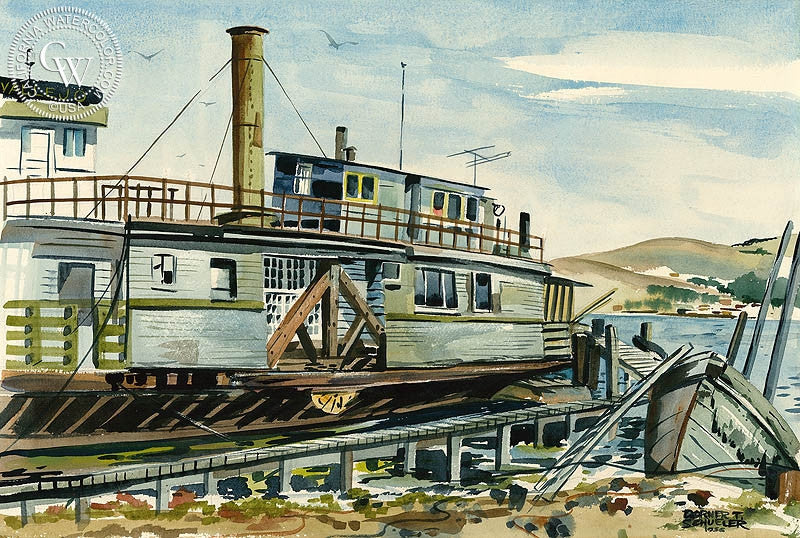 Vallejo Ferry, 1956, watercolor painting by Dorner T. Schueler  (American art). Fine art giclée print reproduction by California Watercolor for wall decor.