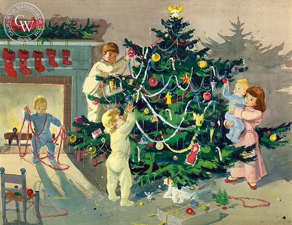 Decorating the Tree, 1949, California art by Dorothea Cooke (Gramatky). HD giclee art prints for sale at CaliforniaWatercolor.com - original California paintings, & premium giclee prints for sale