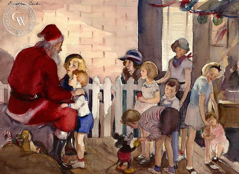 Visit to Santa, 1936, watercolor painting by Dorothea Cooke (Gramatky)  (American art). Fine art giclée print reproduction by California Watercolor for wall decor.