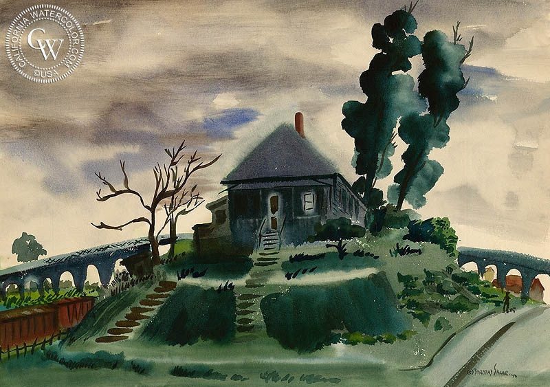 House Near the Tracks, 1946, watercolor painting by Dorothy Sklar  (American art). Fine art giclée print reproduction by California Watercolor for wall decor.