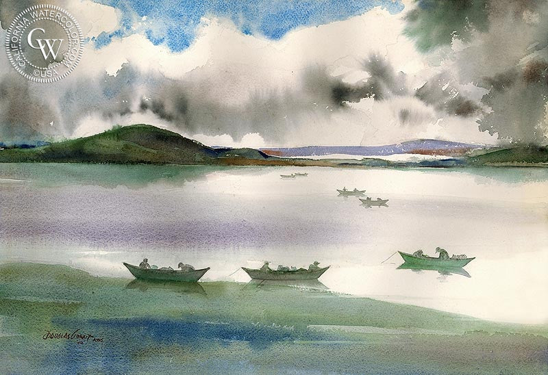 Fisherman in Boats, watercolor painting by Douglas Grant  (American art). Fine art giclée print reproduction by California Watercolor for wall decor.