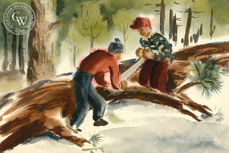 Big Bear Log Cutters, 1948, watercolor painting by Duval Eliot  (American art). Fine art giclée print reproduction by California Watercolor for wall decor.