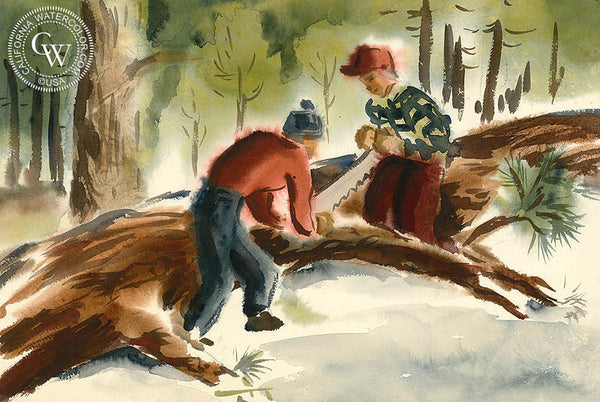 Big Bear Log Cutters, 1948, art by Duval Eliot, California artist, Californiawatercolor.com