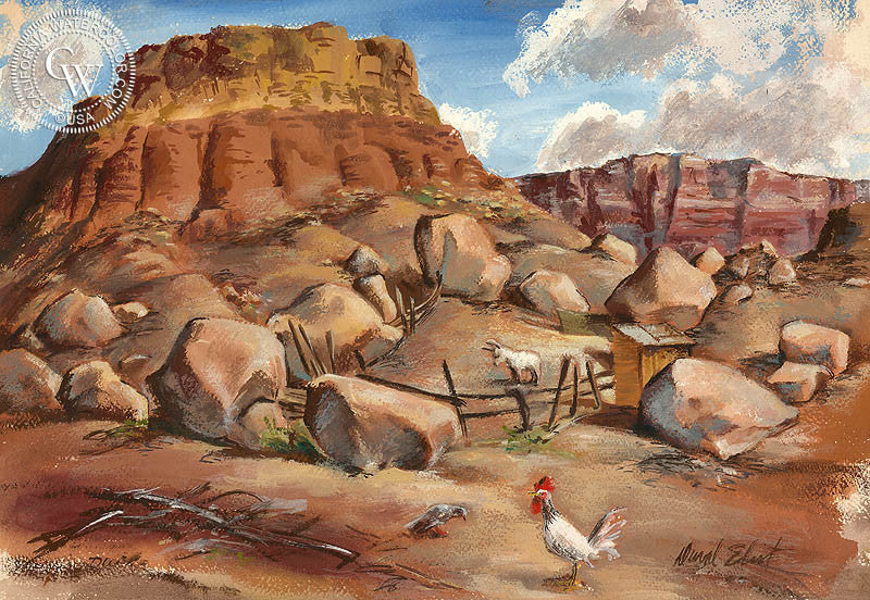 Desert Cliffs, 1950, watercolor painting by Duval Eliot  (American art). Fine art giclée print reproduction by California Watercolor for wall decor.